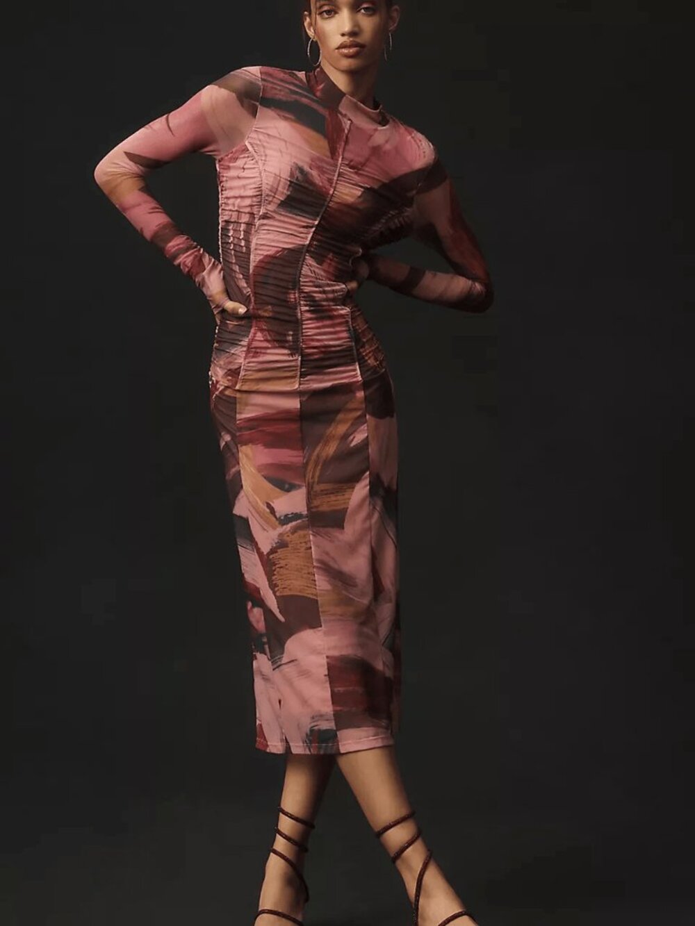 Anthropologie Mesh Abstract Print Maxi Dress XS Ruched Mock Neck Bodycon